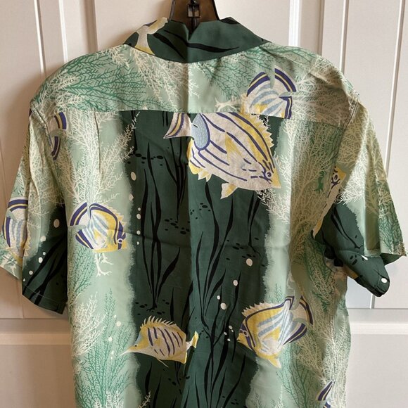 Sun Surf Japan Original Hawaiian Prints Green Yellow Fish Shirt Size Small S - Picture 2 of 9